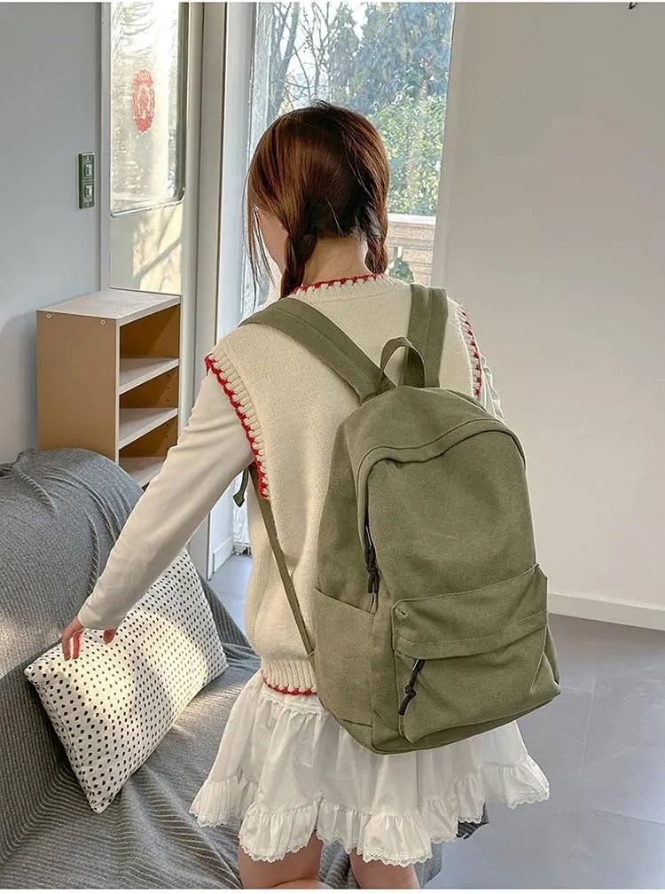 Aesthetic Canvas Laptop Backpack for Women Work Vintage Lightweight Durable Travel Rucksack Classic College Daypack (Green)