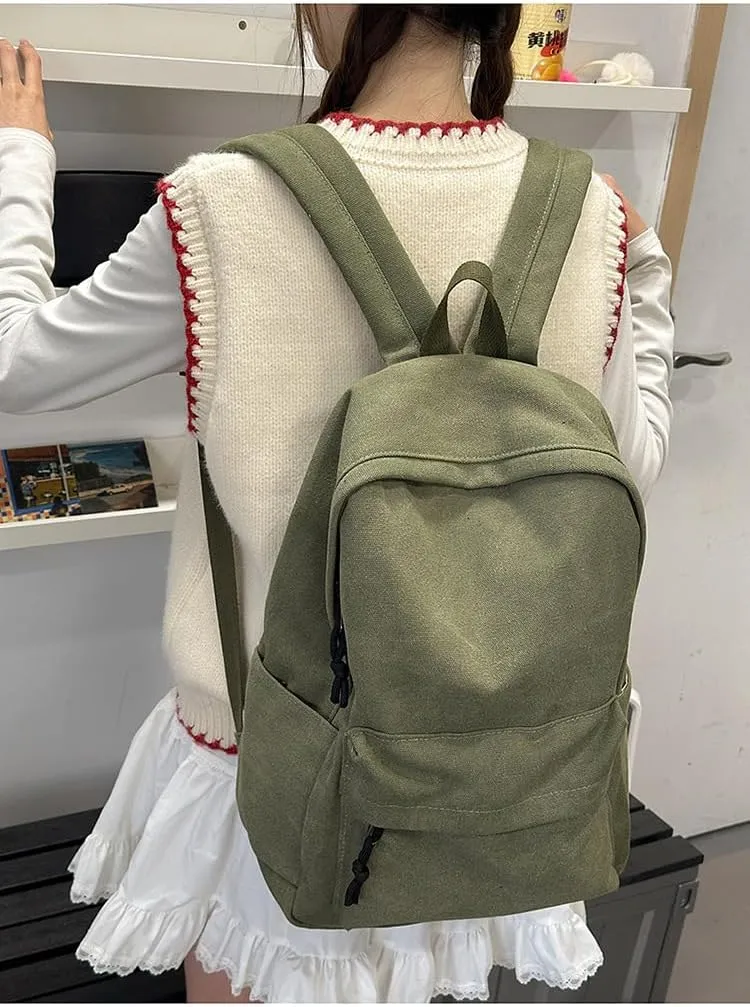Aesthetic Canvas Laptop Backpack for Women Work Vintage Lightweight Durable Travel Rucksack Classic College Daypack (Green)