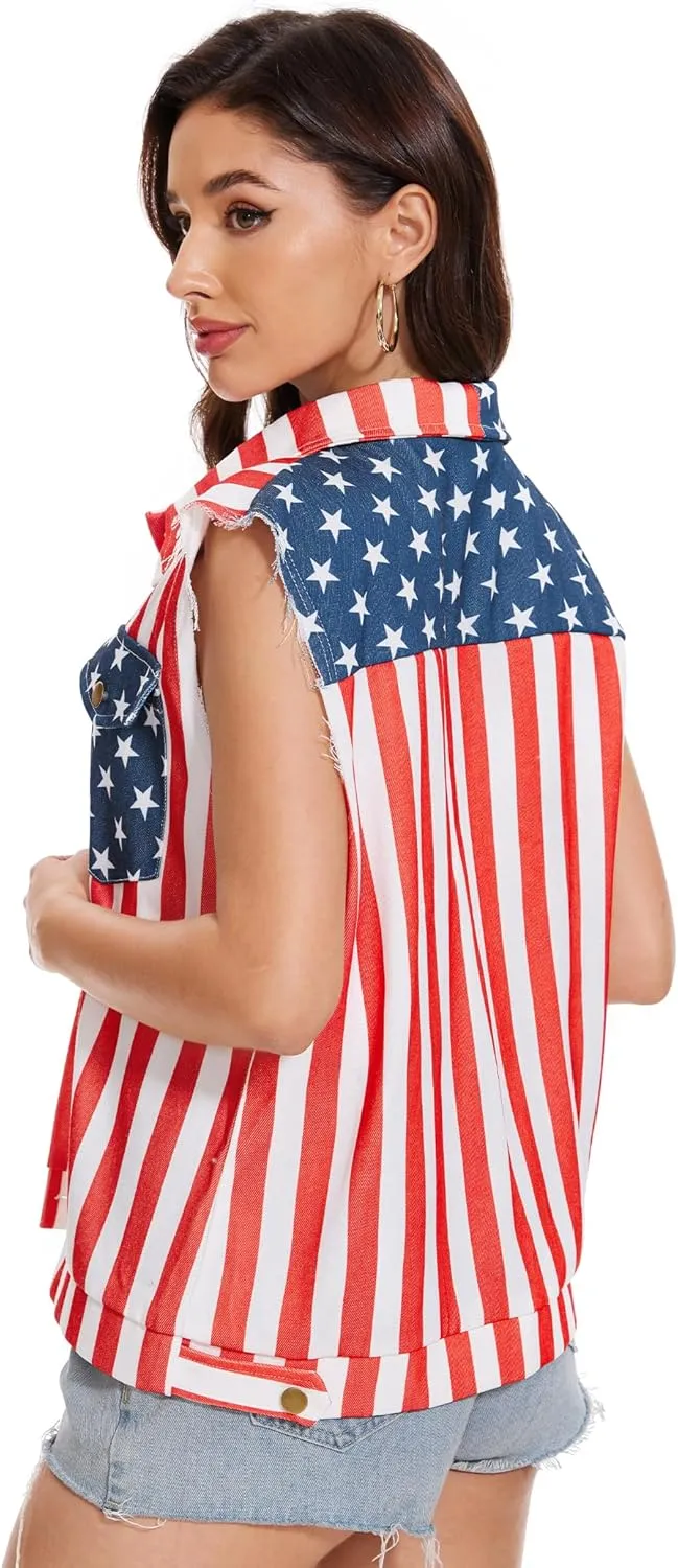 American Flag Denim Vest for Women, 4th of July Patriotic Vintage Sleeveless Jean Jacket, Independence Day USA Casual Shirt