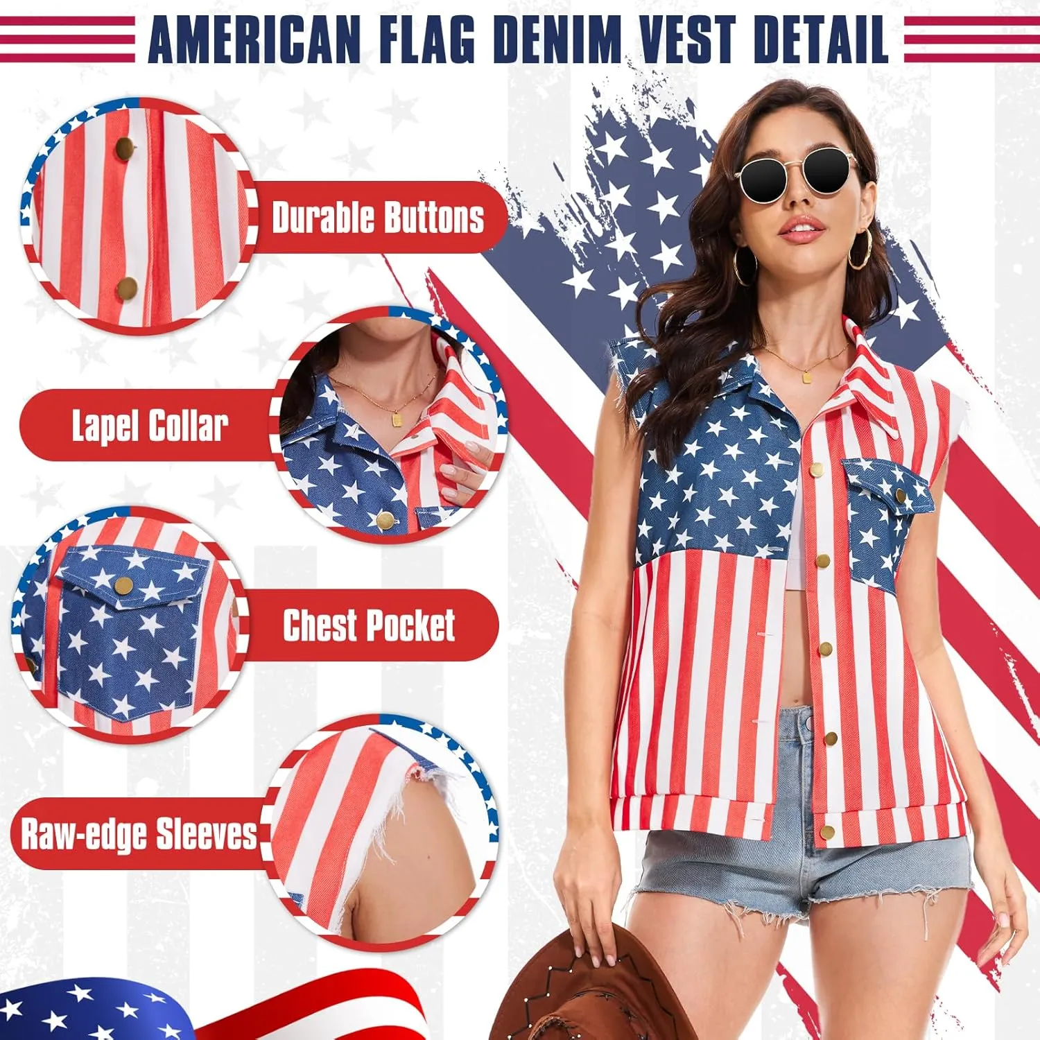 American Flag Denim Vest for Women, 4th of July Patriotic Vintage Sleeveless Jean Jacket, Independence Day USA Casual Shirt