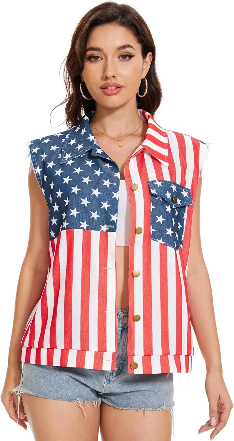 American Flag Denim Vest for Women, 4th of July Patriotic Vintage Sleeveless Jean Jacket, Independence Day USA Casual Shirt