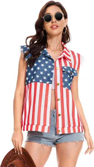 American Flag Denim Vest for Women, 4th of July Patriotic Vintage Sleeveless Jean Jacket, Independence Day USA Casual Shirt