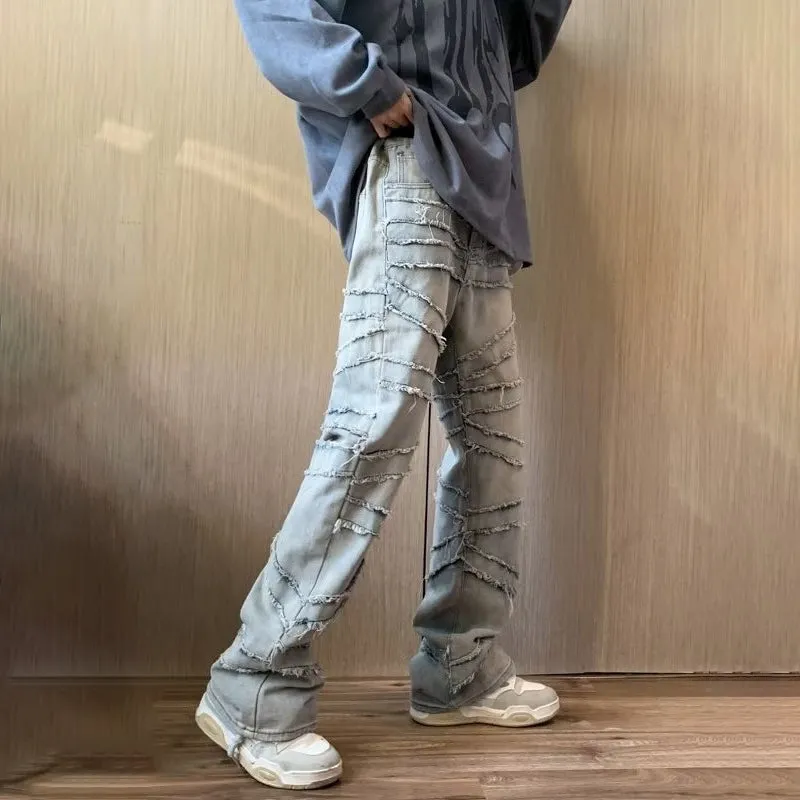 Blavra Men's Vintage Distressed Line Hairy Bootcut Jeans