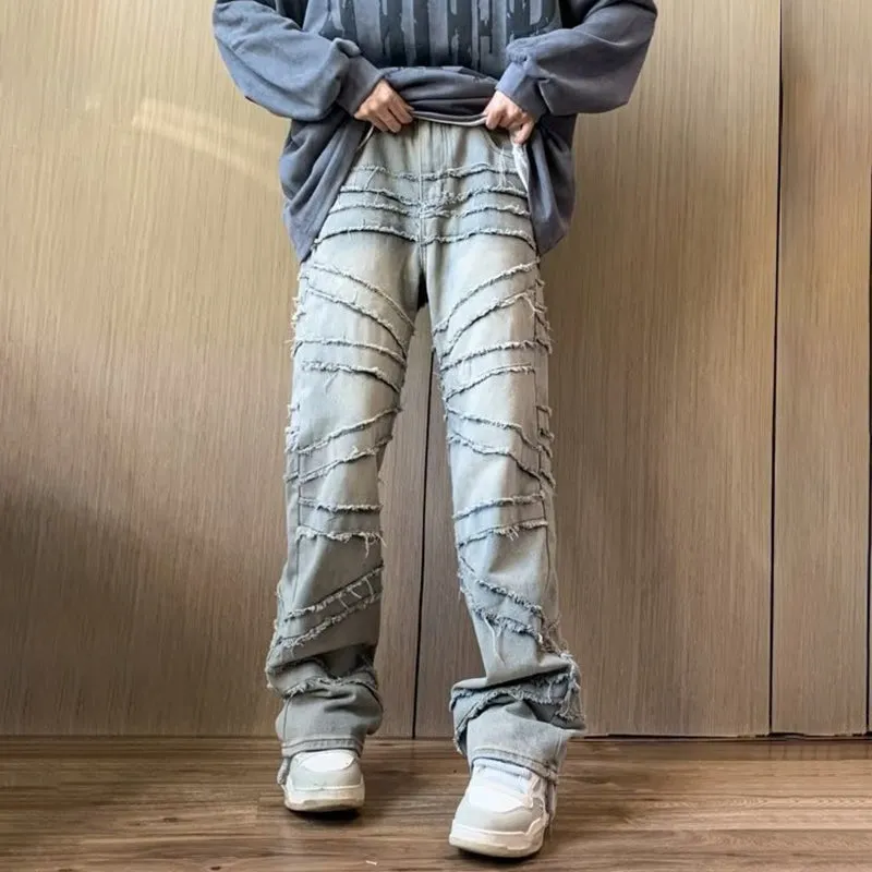Blavra Men's Vintage Distressed Line Hairy Bootcut Jeans