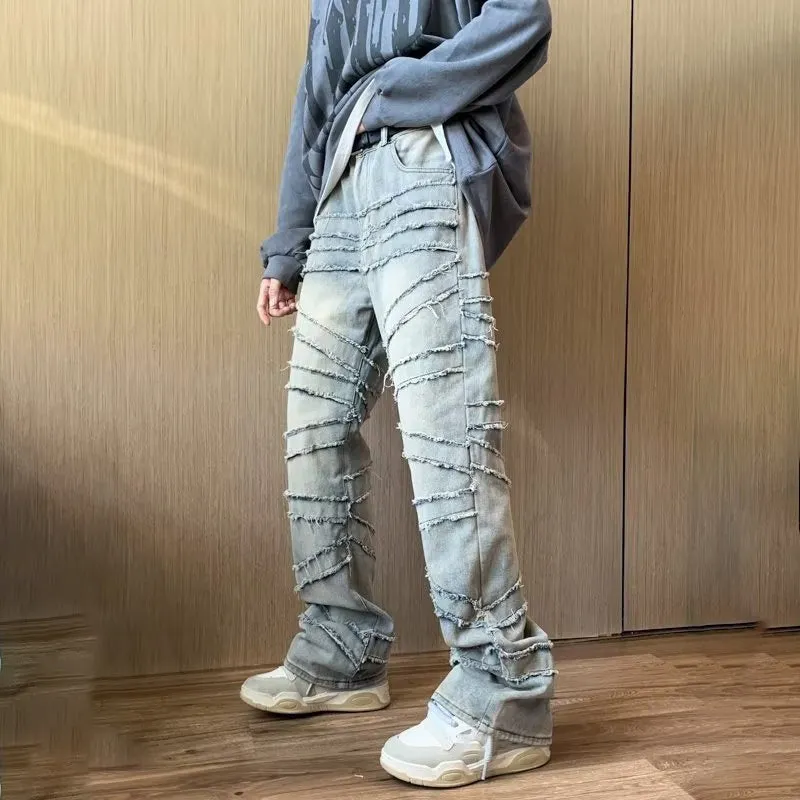 Blavra Men's Vintage Distressed Line Hairy Bootcut Jeans
