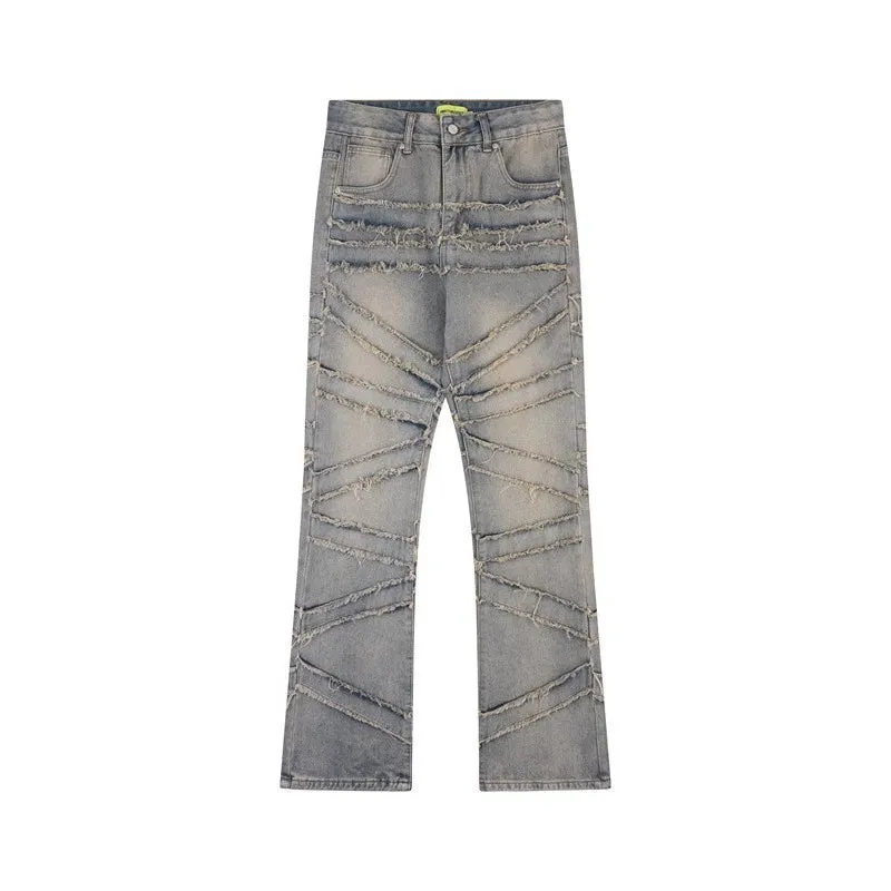 Blavra Men's Vintage Distressed Line Hairy Bootcut Jeans