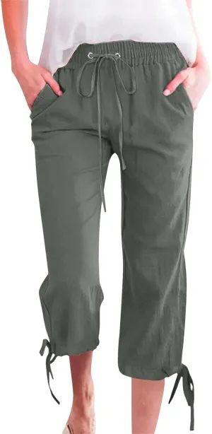 Capri Pants for Women 2025 Summer Linen Wide Leg Crop Pant Casual Drawstring Lightweight Lounge Trousers with Pocket