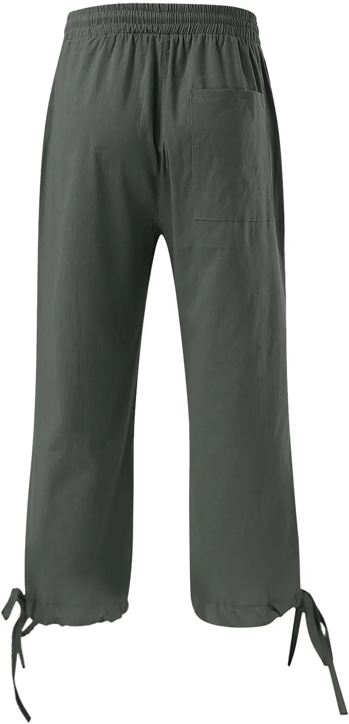 Capri Pants for Women 2025 Summer Linen Wide Leg Crop Pant Casual Drawstring Lightweight Lounge Trousers with Pocket