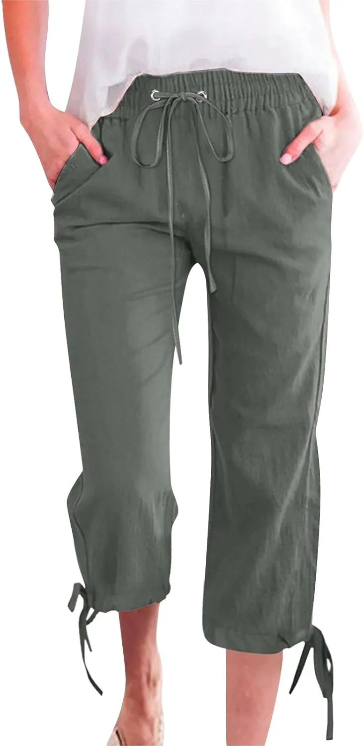 Capri Pants for Women 2025 Summer Linen Wide Leg Crop Pant Casual Drawstring Lightweight Lounge Trousers with Pocket