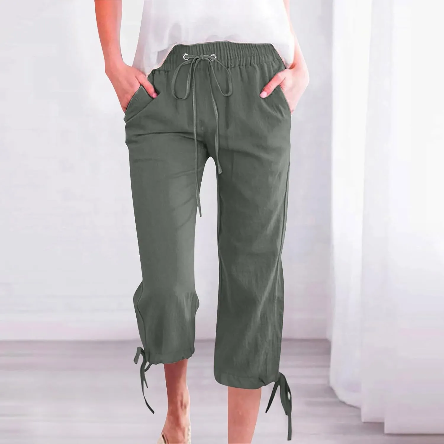 Capri Pants for Women 2025 Summer Linen Wide Leg Crop Pant Casual Drawstring Lightweight Lounge Trousers with Pocket