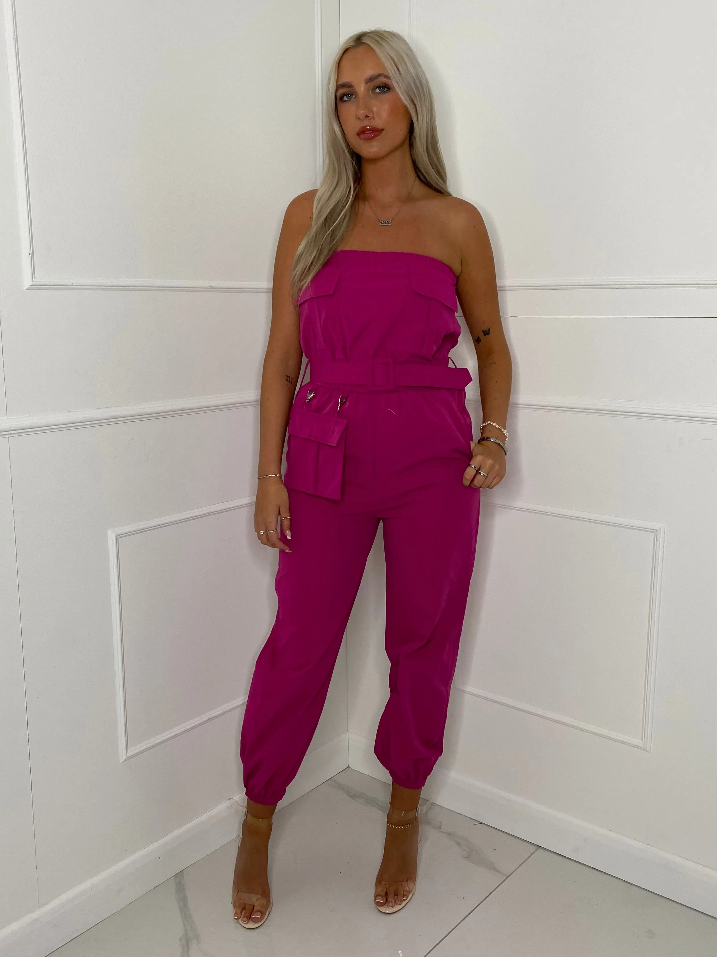 Cargo Belted Jumpsuit - Hot Pink