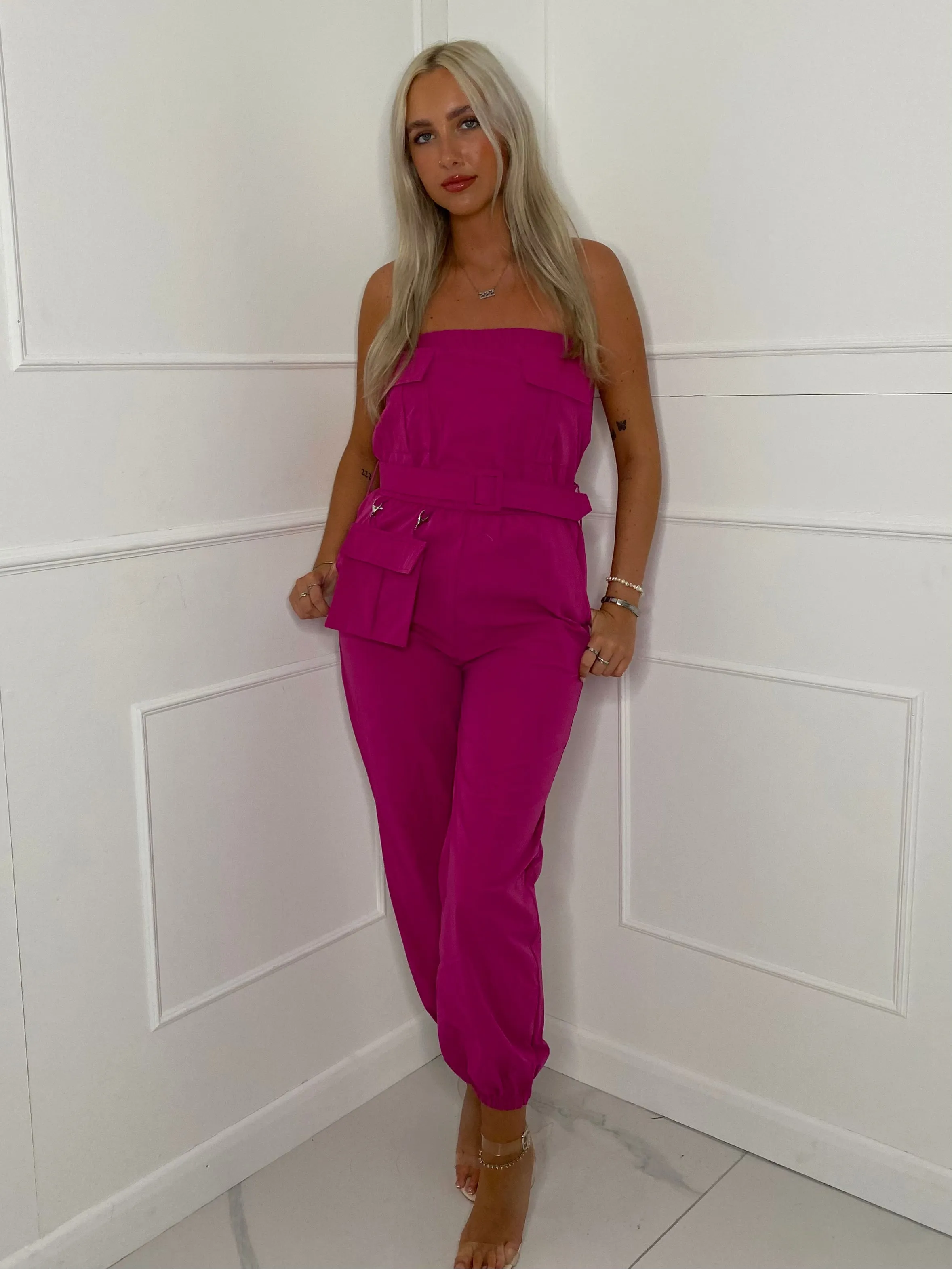 Cargo Belted Jumpsuit - Hot Pink