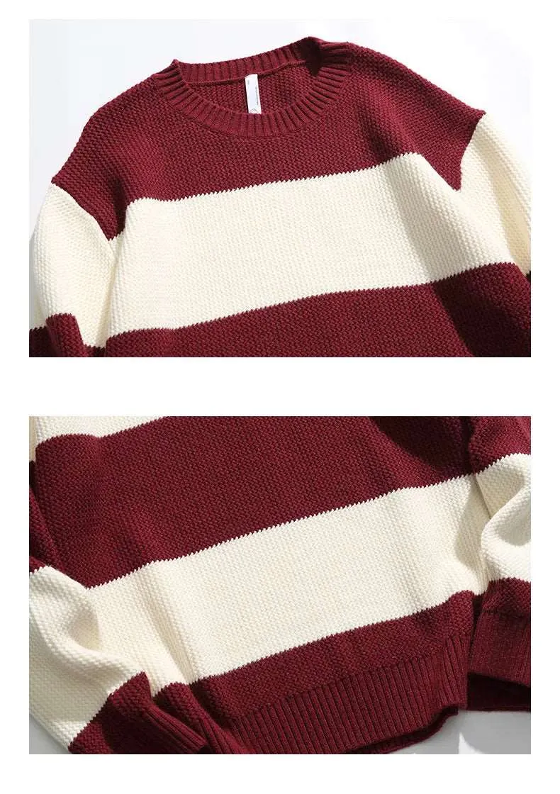 Couples Matching Loose Round Neck Striped Knitted Sweater