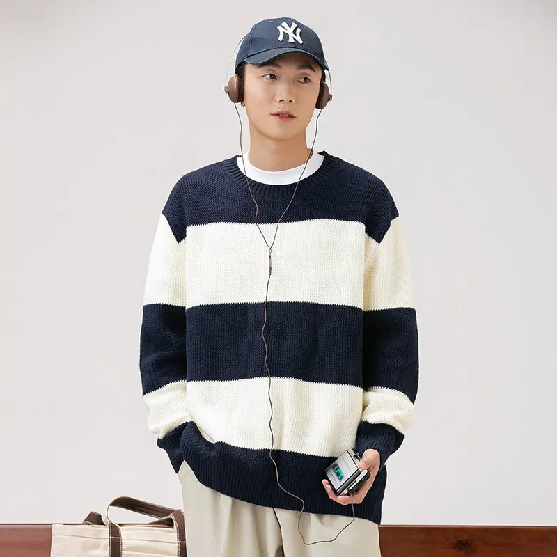 Couples Matching Loose Round Neck Striped Knitted Sweater