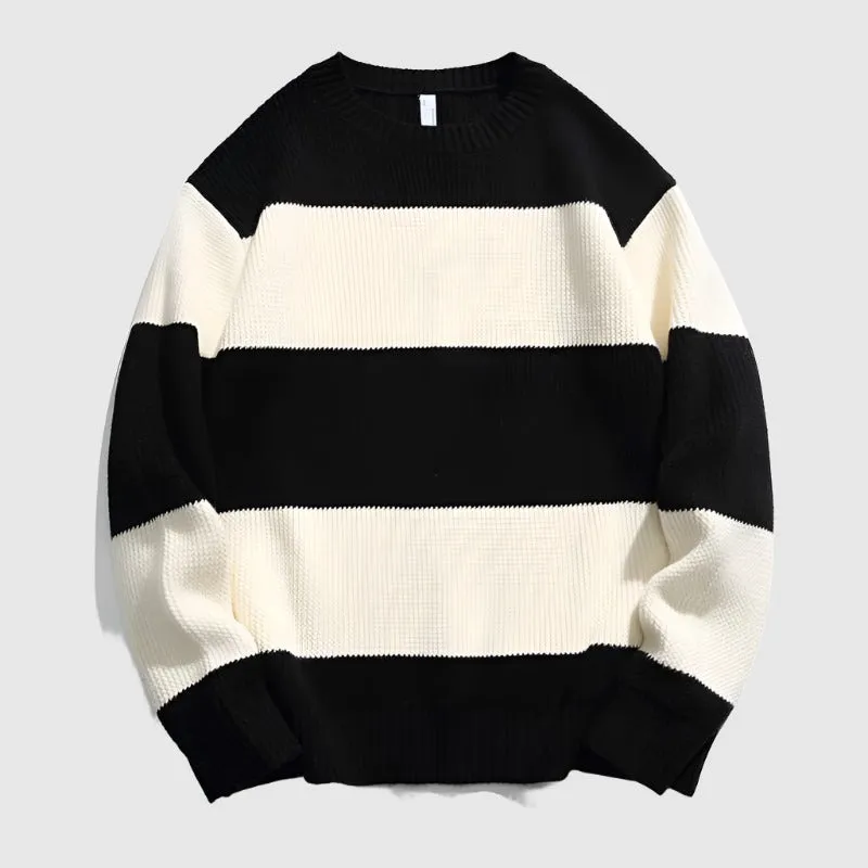 Couples Matching Loose Round Neck Striped Knitted Sweater