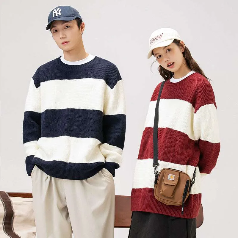 Couples Matching Loose Round Neck Striped Knitted Sweater