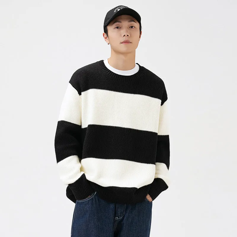 Couples Matching Loose Round Neck Striped Knitted Sweater
