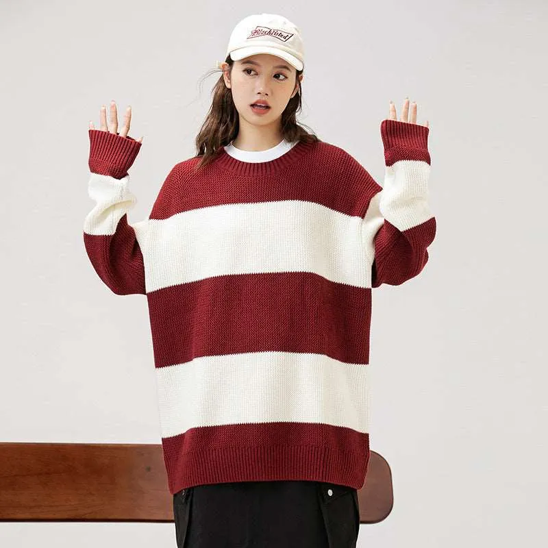 Couples Matching Loose Round Neck Striped Knitted Sweater