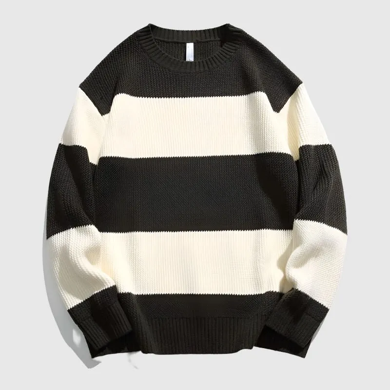 Couples Matching Loose Round Neck Striped Knitted Sweater