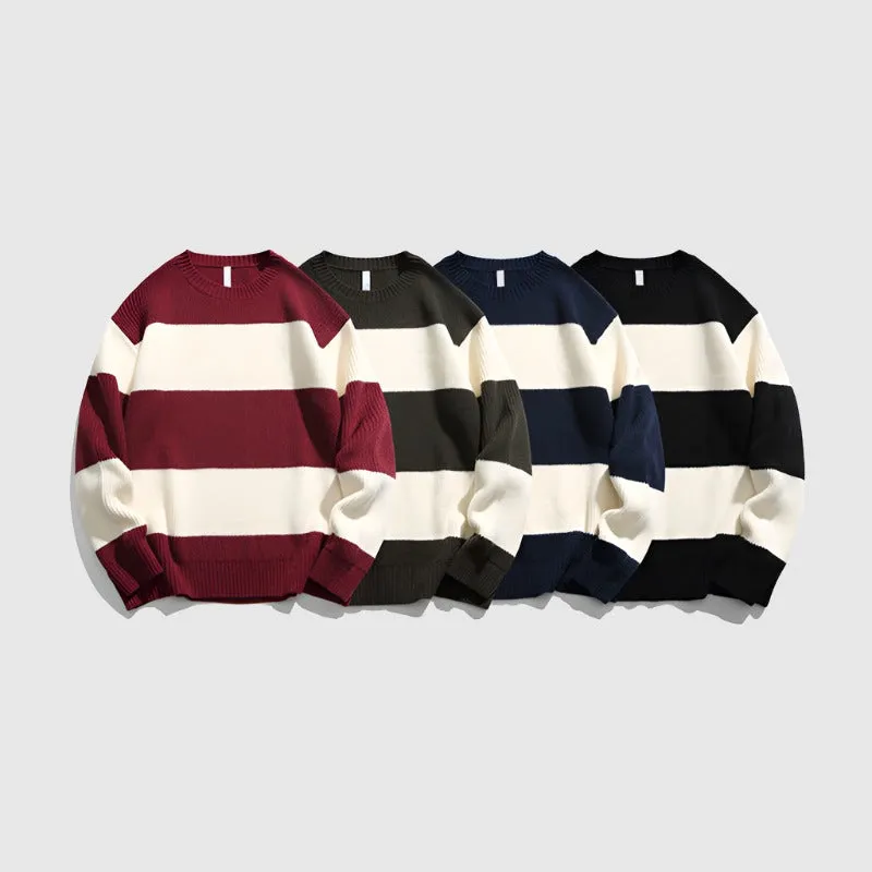 Couples Matching Loose Round Neck Striped Knitted Sweater