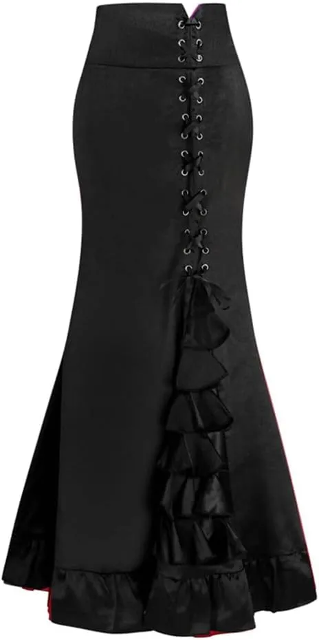 Dayiss Women's Vintage Victorian Gothic Mermaid Long Skirt High Waist Ruffled Fishtail Pencil Maxi Solid Steampunk Skirts