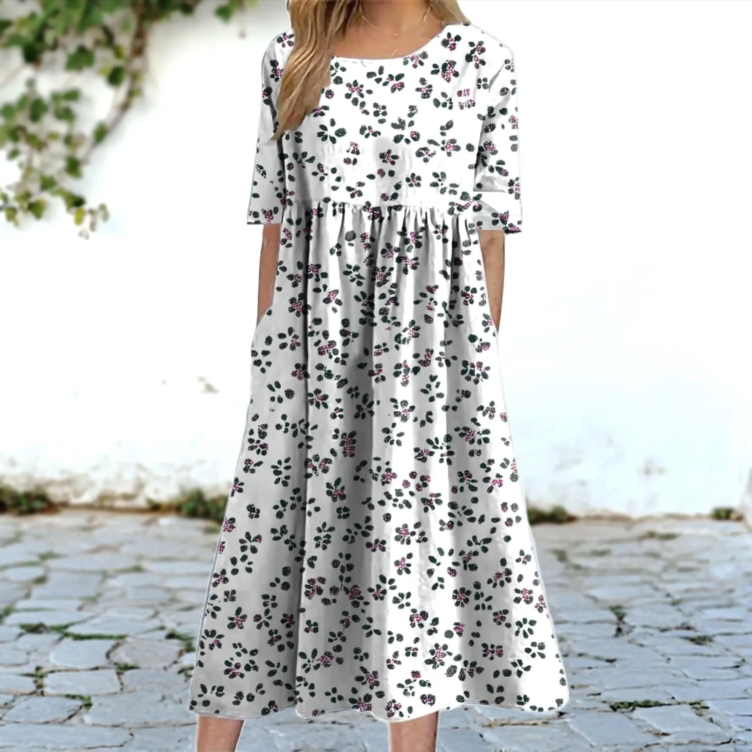 Dress for Women Casual Summer Midi Boho Floral Printed Dresses Short Sleeve Trendy Elegant Maxi Dress