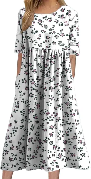 Dress for Women Casual Summer Midi Boho Floral Printed Dresses Short Sleeve Trendy Elegant Maxi Dress