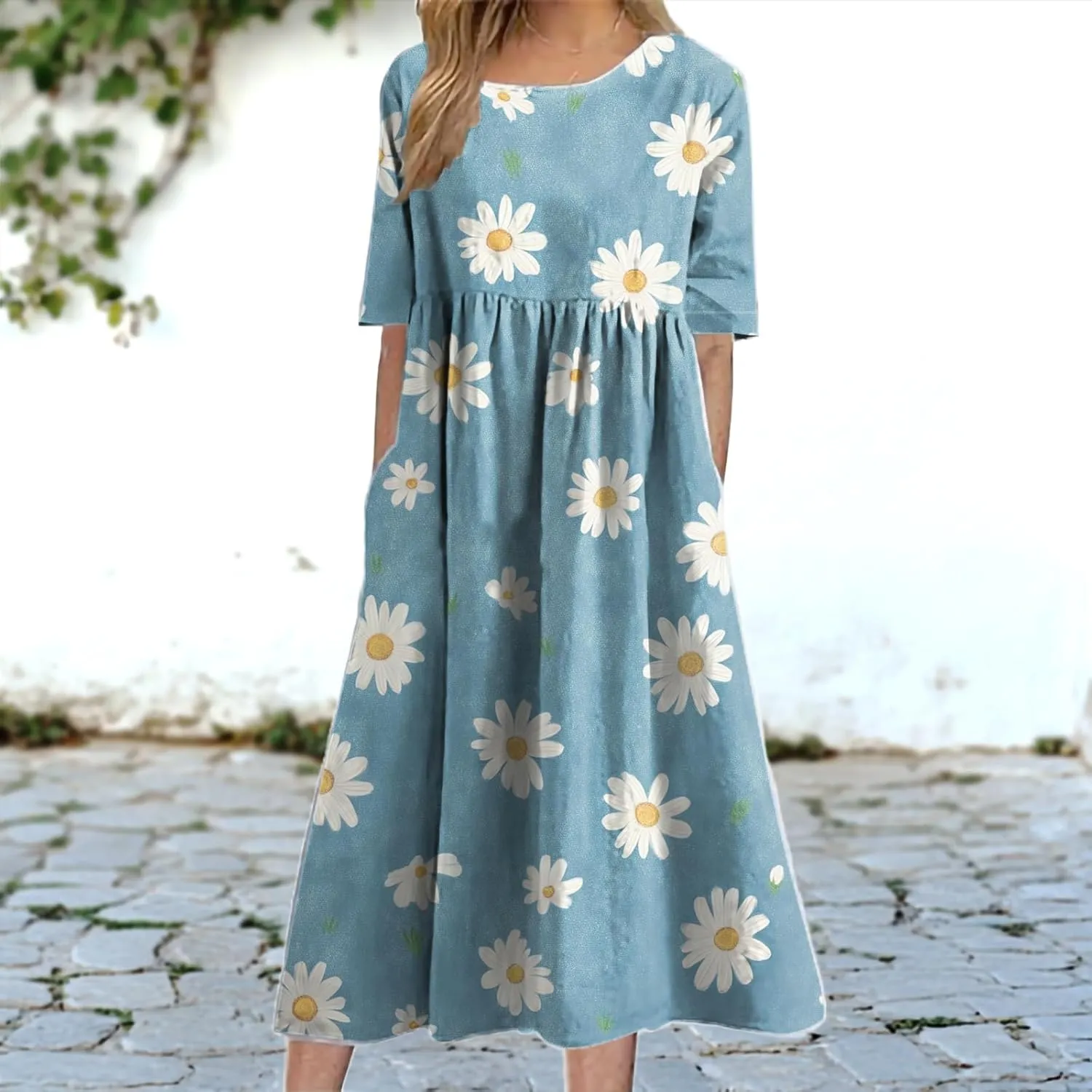 Dress for Women Casual Summer Midi Boho Floral Printed Dresses Short Sleeve Trendy Elegant Maxi Dress