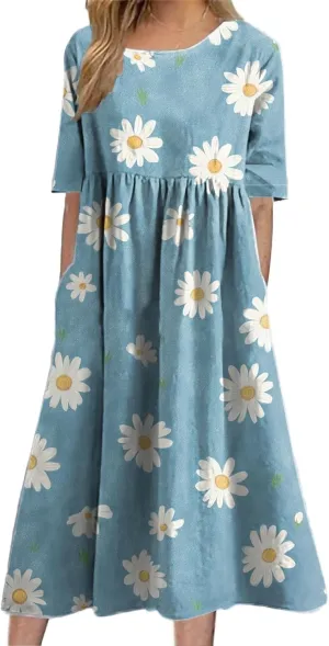 Dress for Women Casual Summer Midi Boho Floral Printed Dresses Short Sleeve Trendy Elegant Maxi Dress