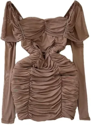 Elegant Bodycon Mini Dress Women Mesh U Neck Folds Detail Full Sleeve Tulle Party Club Cocktail Short Dress(Small Short) Coffee