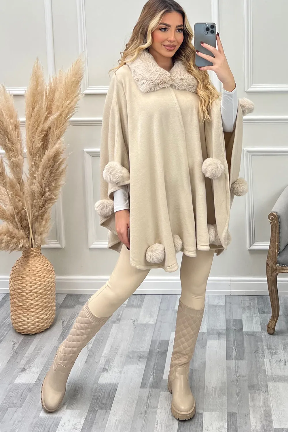 Elsa Beige Faux Fur Bobble Trim Open Cape