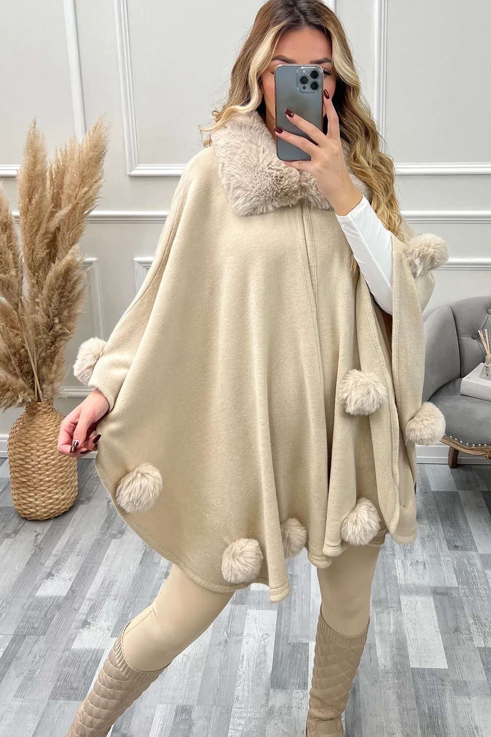 Elsa Beige Faux Fur Bobble Trim Open Cape