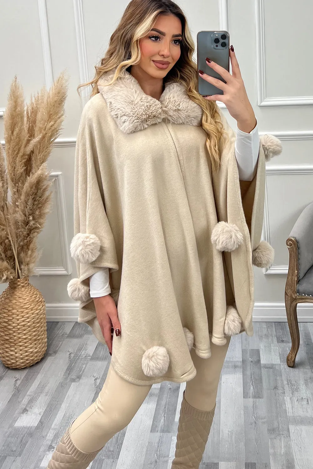 Elsa Beige Faux Fur Bobble Trim Open Cape