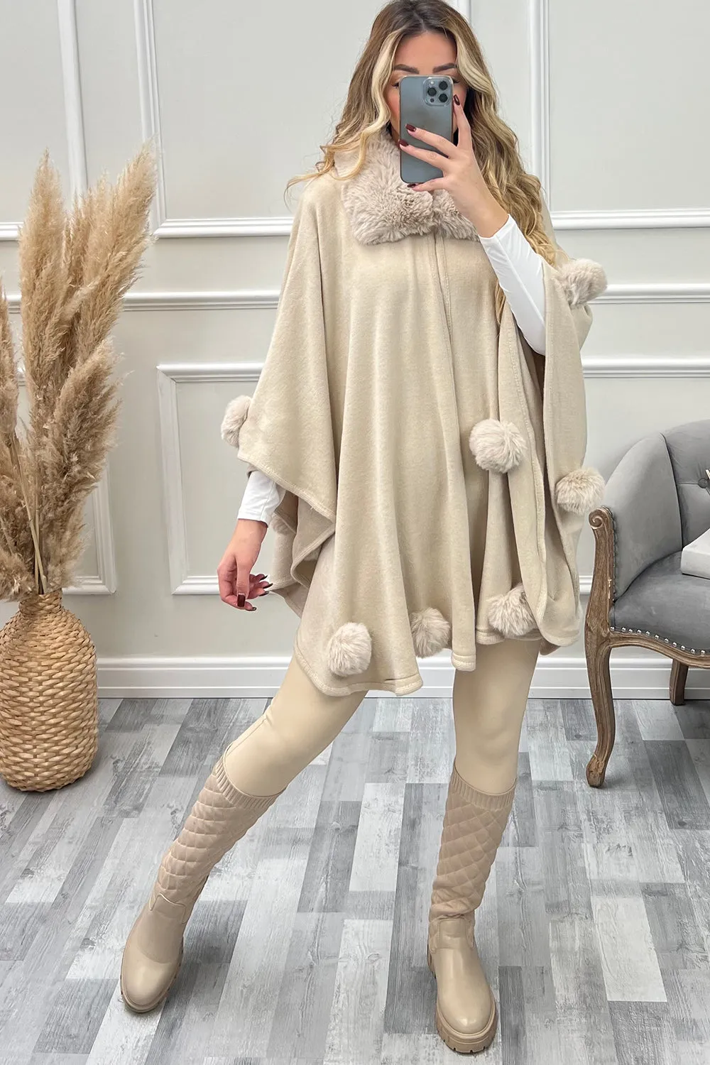 Elsa Beige Faux Fur Bobble Trim Open Cape