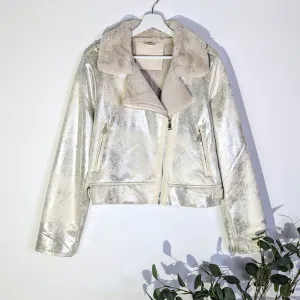 Faux fur lined stylish biker style jacket with classy vintage silver type fabric