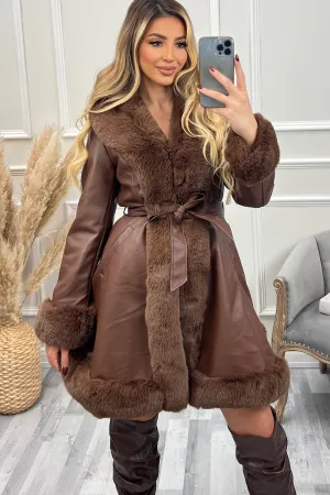 Fran Brown PU Faux Leather Faux Fur Trim Longline Belted Coat