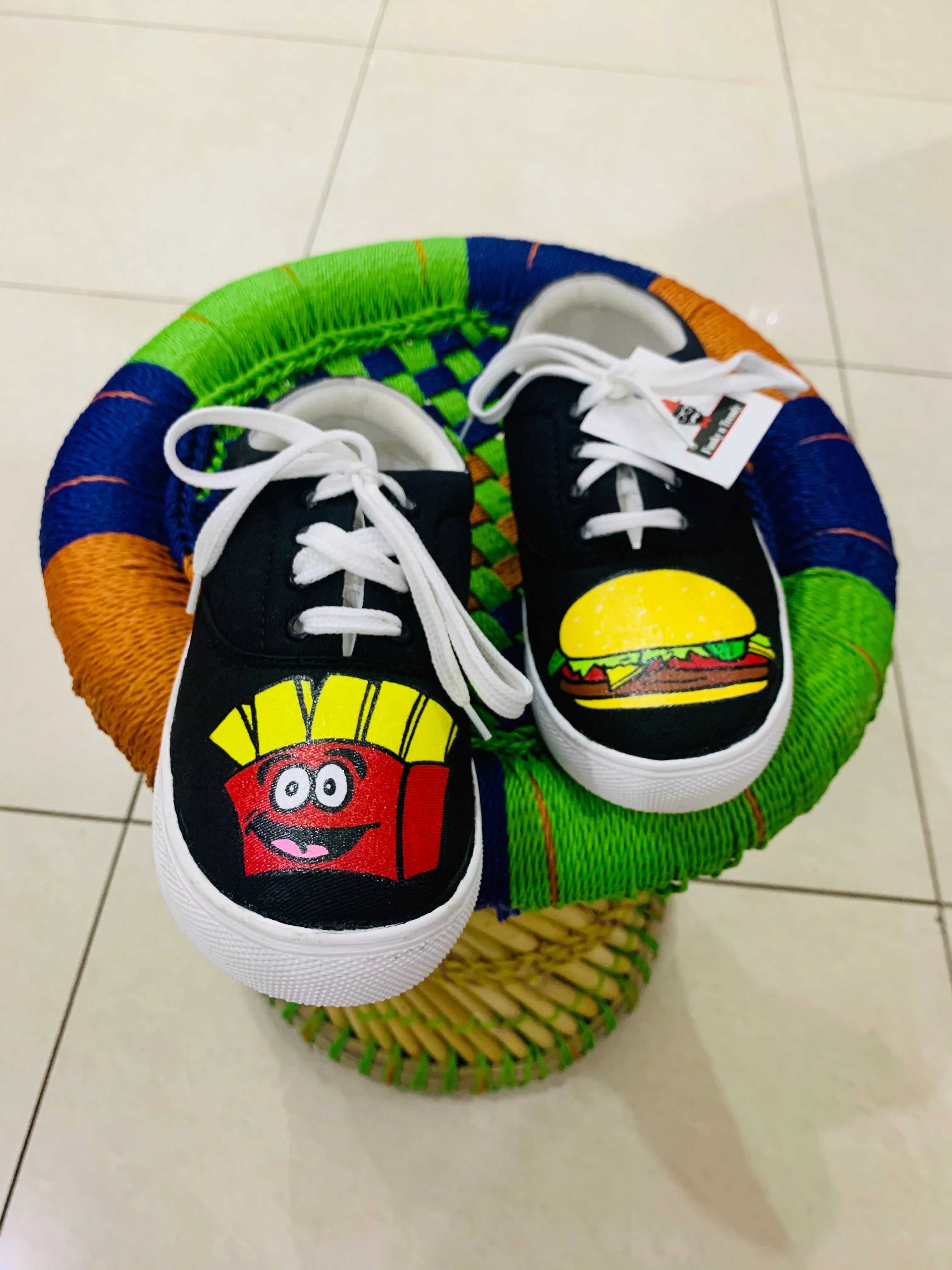 Funky N Trendy hand painted water resistant Burger fries theme black shoes/ food shoes / black shoes / funky shoes