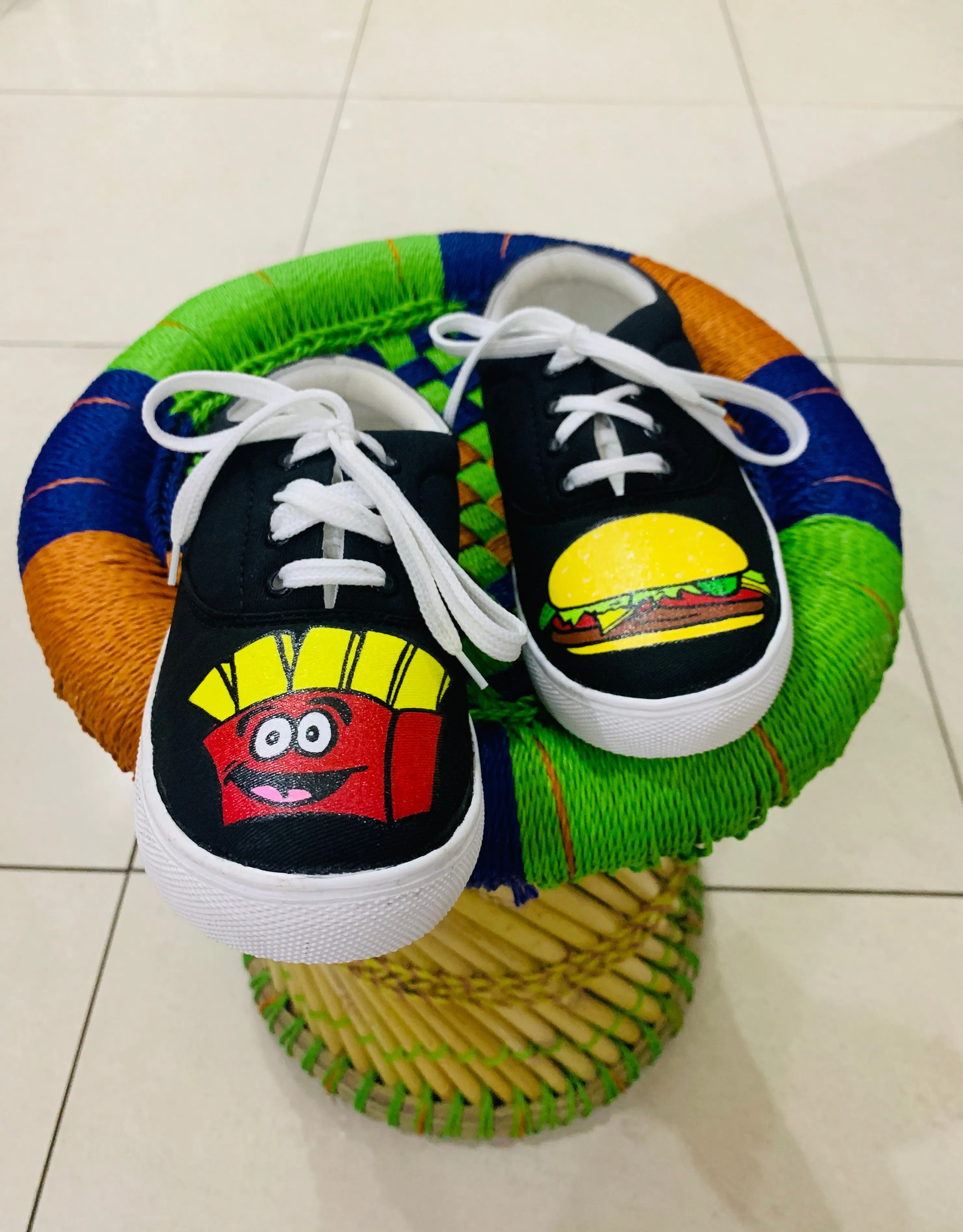 Funky N Trendy hand painted water resistant Burger fries theme black shoes/ food shoes / black shoes / funky shoes