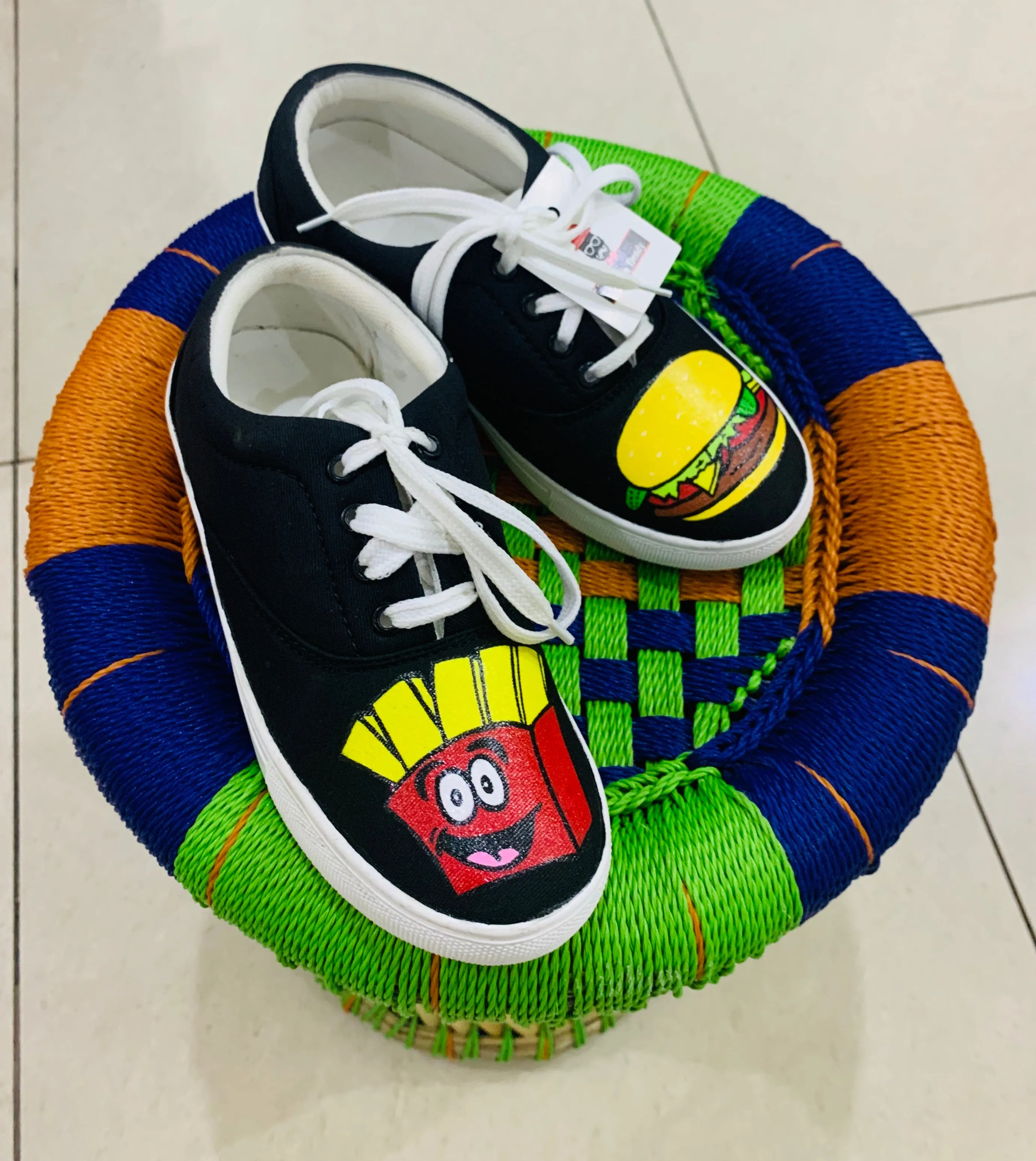 Funky N Trendy hand painted water resistant Burger fries theme black shoes/ food shoes / black shoes / funky shoes