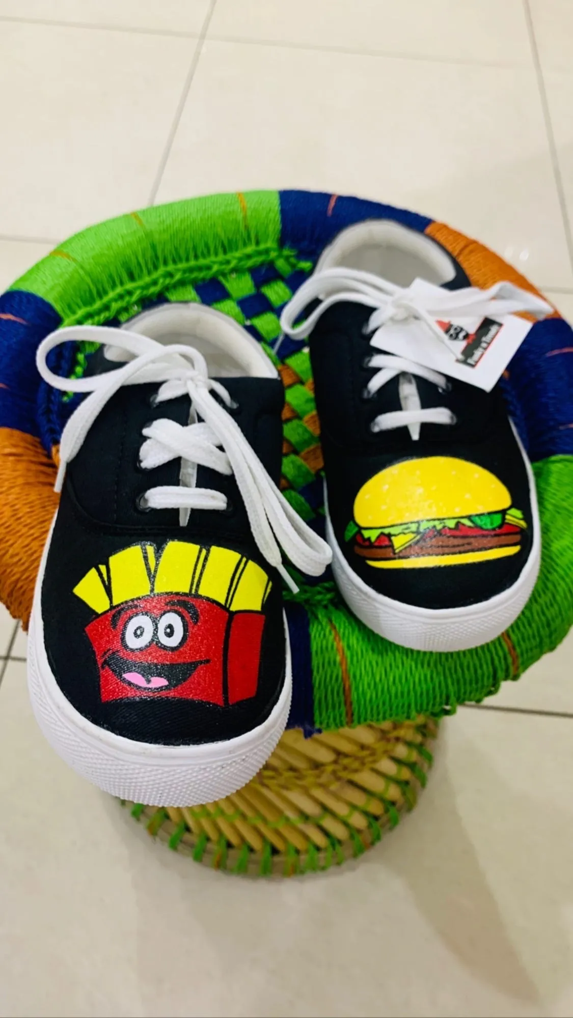 Funky N Trendy hand painted water resistant Burger fries theme black shoes/ food shoes / black shoes / funky shoes