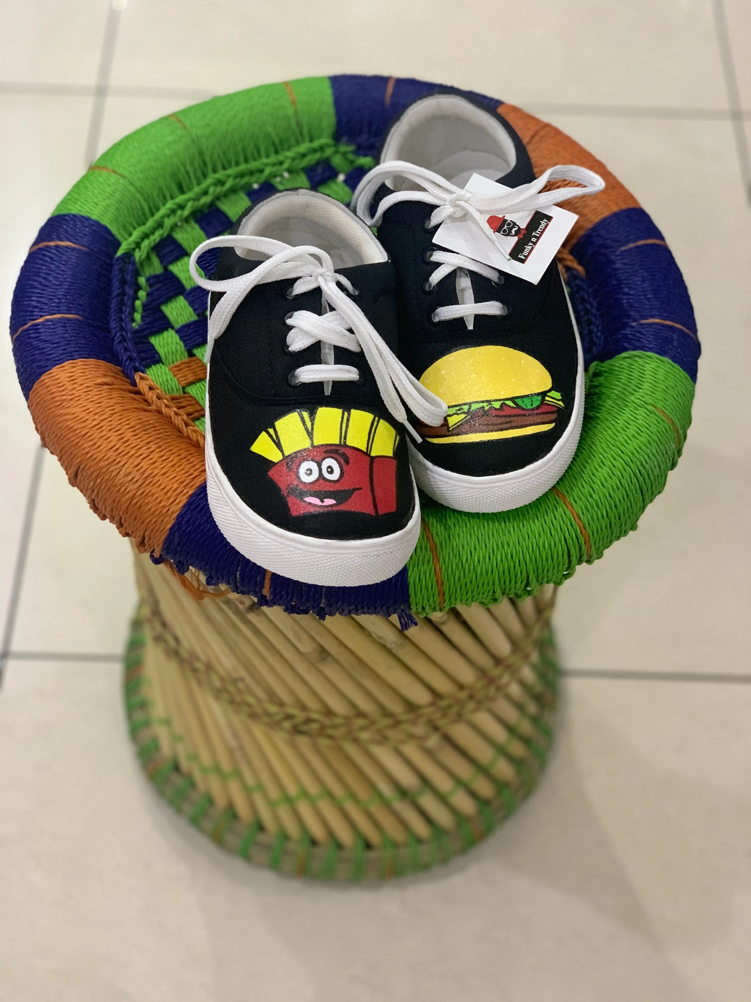 Funky N Trendy hand painted water resistant Burger fries theme black shoes/ food shoes / black shoes / funky shoes