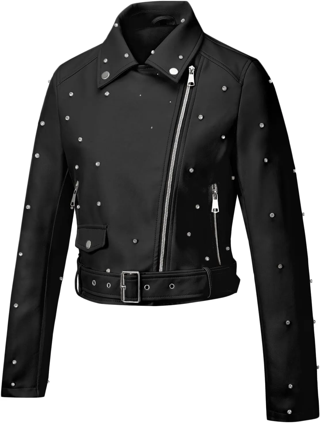 Giolshon Women's Faux Leather Studded Jacket Moto Biker Short Rhinestones Fall PU Long Sleeve Open Front Coat