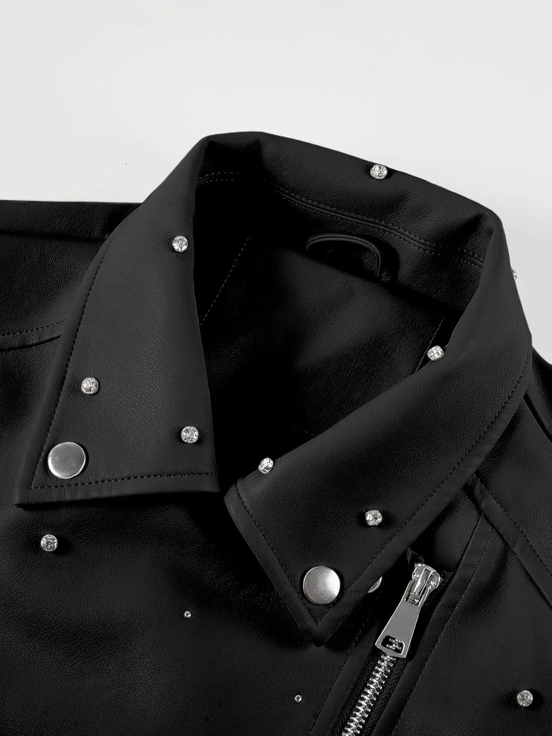 Giolshon Women's Faux Leather Studded Jacket Moto Biker Short Rhinestones Fall PU Long Sleeve Open Front Coat