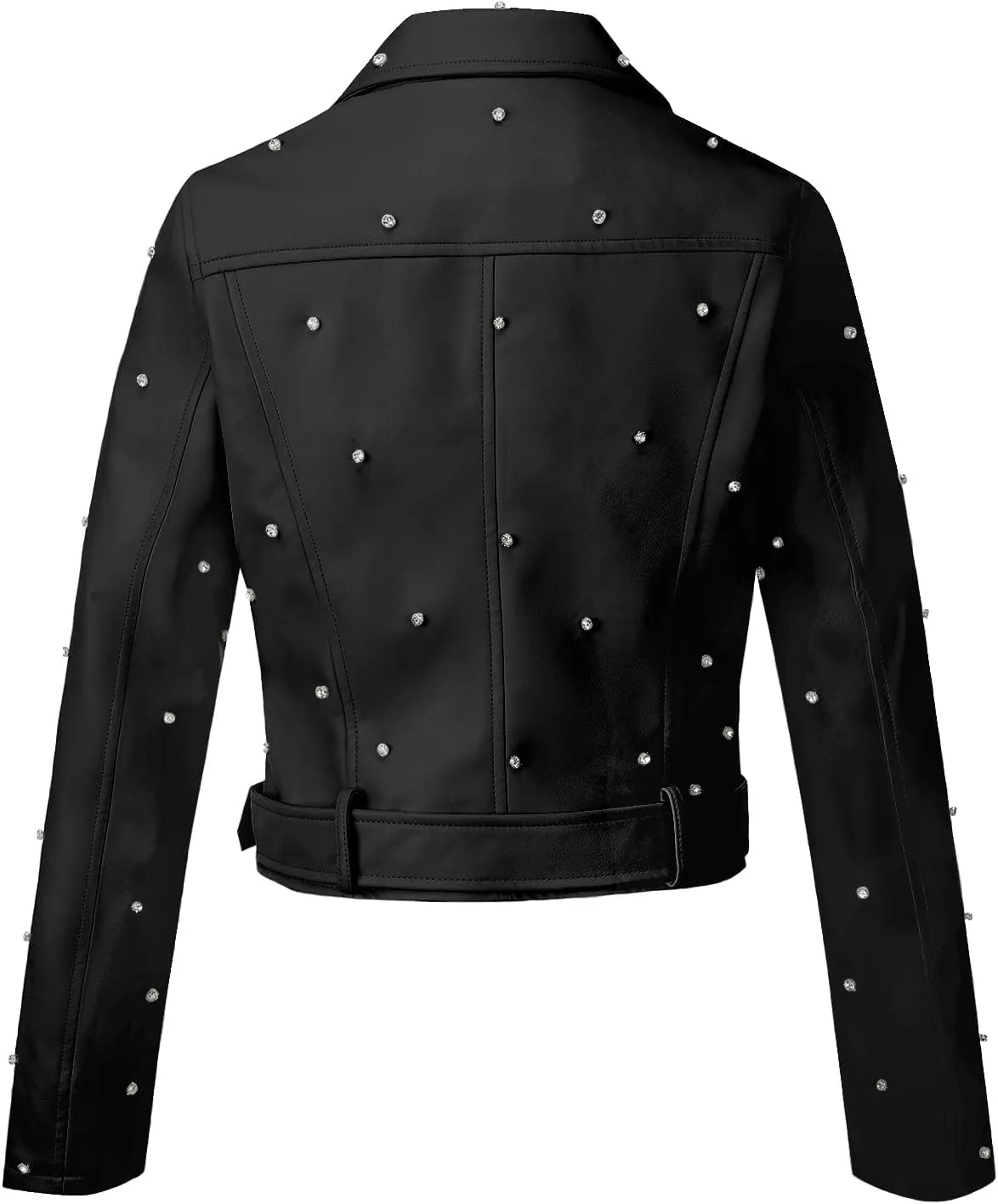 Giolshon Women's Faux Leather Studded Jacket Moto Biker Short Rhinestones Fall PU Long Sleeve Open Front Coat