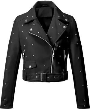 Giolshon Women's Faux Leather Studded Jacket Moto Biker Short Rhinestones Fall PU Long Sleeve Open Front Coat