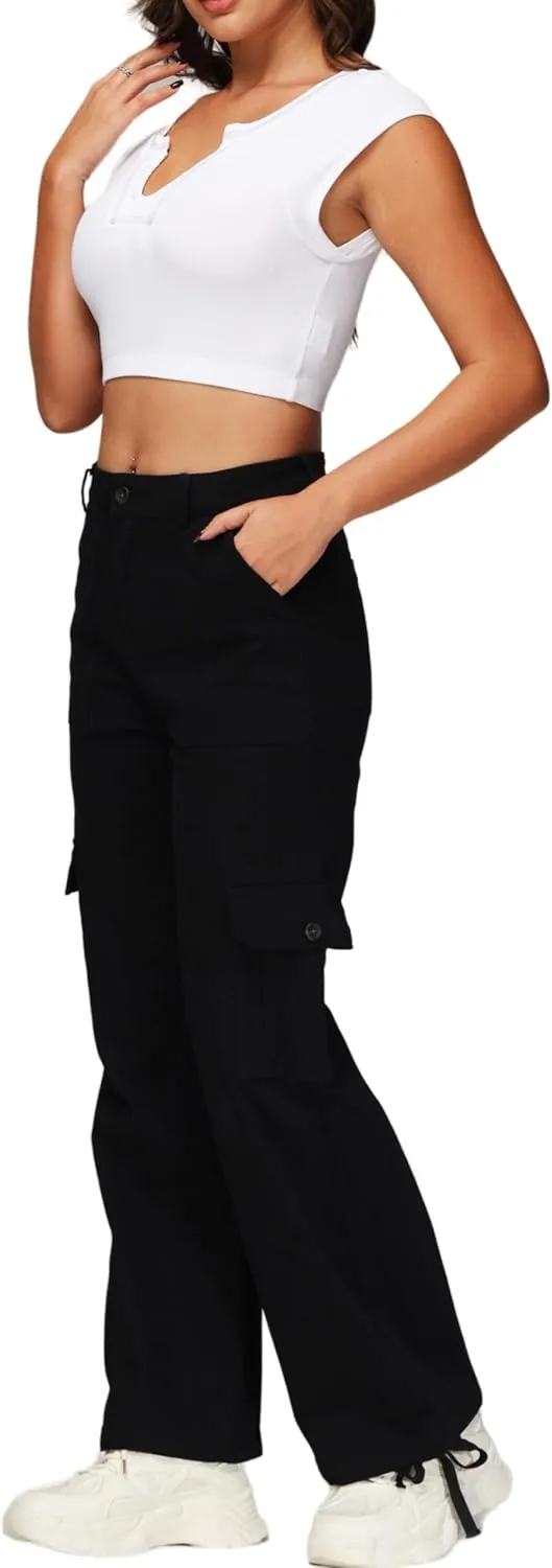 GUNLIRE Cargo Pants Women High Waist Baggy with 6 Pockets Y2K Wide Leg Stretch Straight Fit Elastic Slacks Streetwear