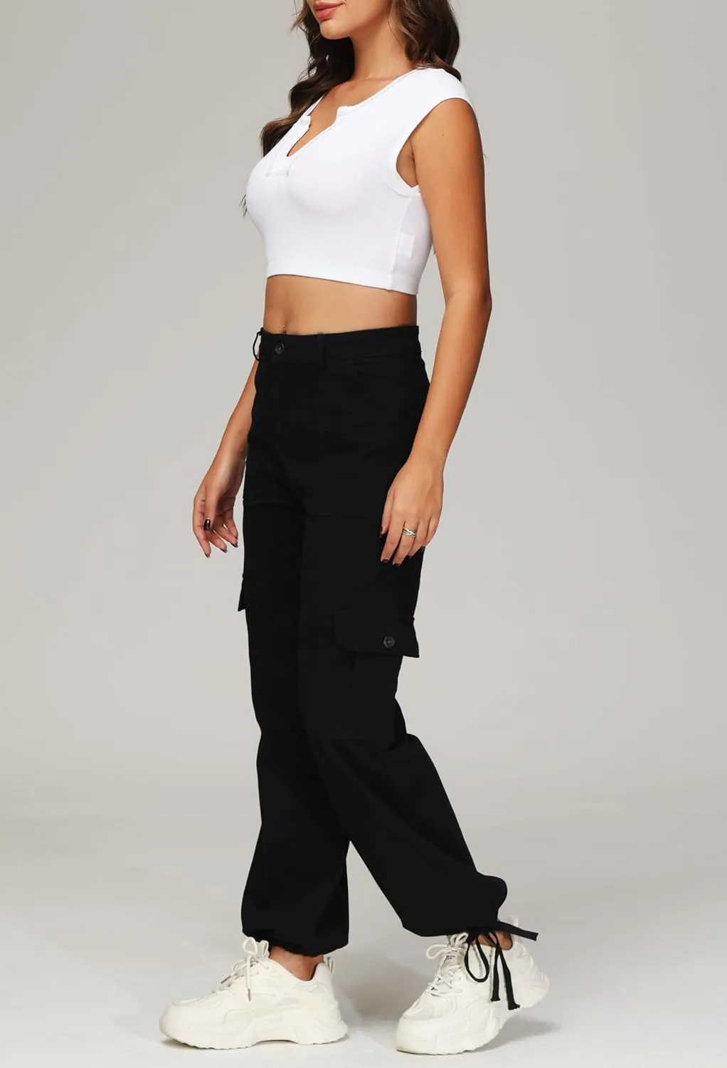 GUNLIRE Cargo Pants Women High Waist Baggy with 6 Pockets Y2K Wide Leg Stretch Straight Fit Elastic Slacks Streetwear