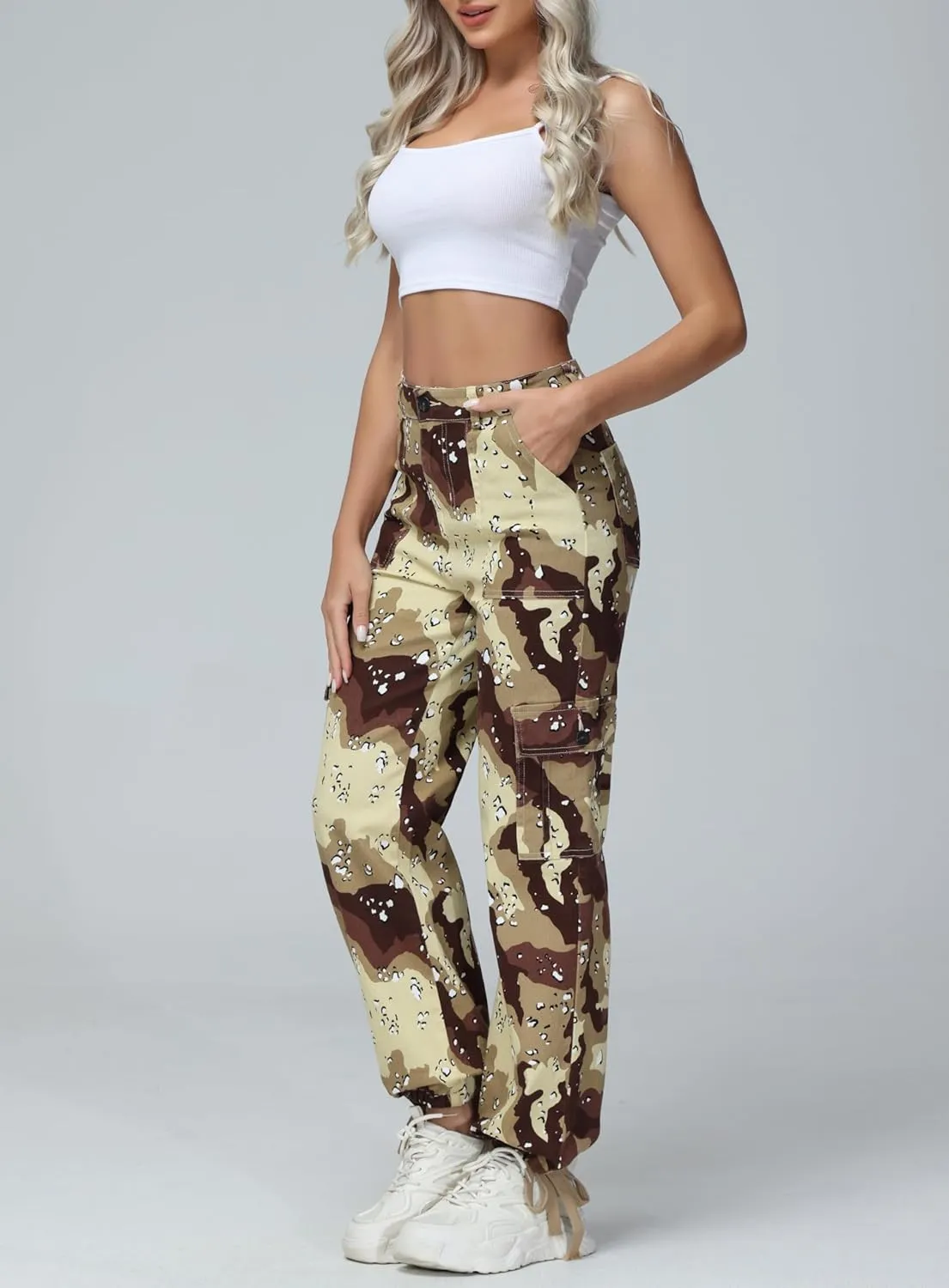 GUNLIRE Cargo Pants Women High Waist Baggy with 6 Pockets Y2K Wide Leg Stretch Straight Fit Elastic Slacks Streetwear