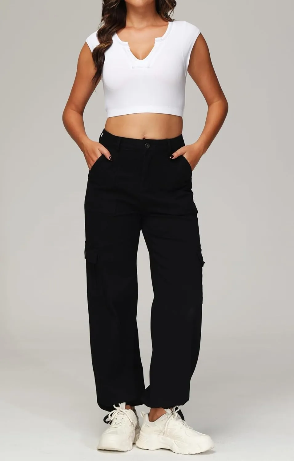 GUNLIRE Cargo Pants Women High Waist Baggy with 6 Pockets Y2K Wide Leg Stretch Straight Fit Elastic Slacks Streetwear