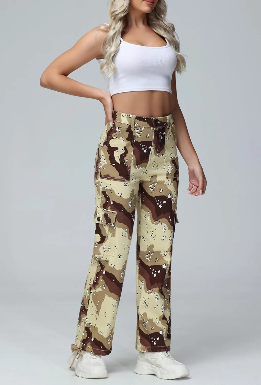 GUNLIRE Cargo Pants Women High Waist Baggy with 6 Pockets Y2K Wide Leg Stretch Straight Fit Elastic Slacks Streetwear
